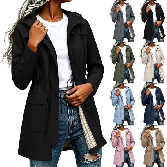 Women's Raincoat Waterproof Windbreaker Hooded Lightweight Packable Rain Jacket Solid Color Mid Length Waterproof Hooded Rain Jacket Lightweight Plaid Lined Windbreaker With Drawstring Waist Top