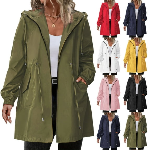 Women's Raincoats with Hood Lightweight Outdoor Hooded Waterproof Windbreaker Solid Trench Coat Jacket Plus Size, Fall Winter, Winter Clothes for Women,Yellow,L