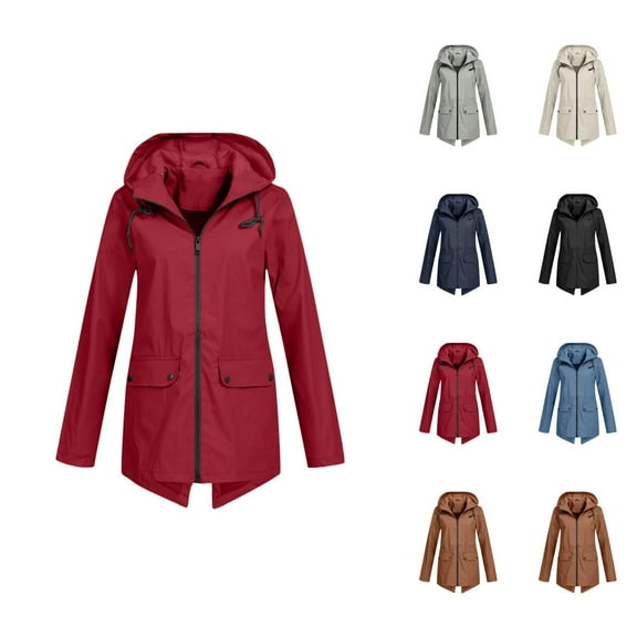 Women's Raincoats Lightweight Waterproof Windproof Long Sleeve Zip Up Hooded Rain Coat with Pockets Rain Jacket Women