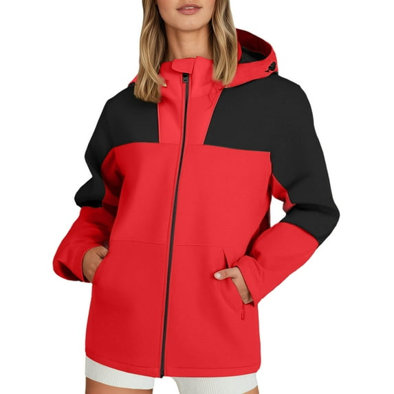 Women's Raincoats Lightweight Waterproof Windproof Windbreaker Rain Color Block Packable Outdoor Cargo Jackets Hooded with Pockets (Red,M)