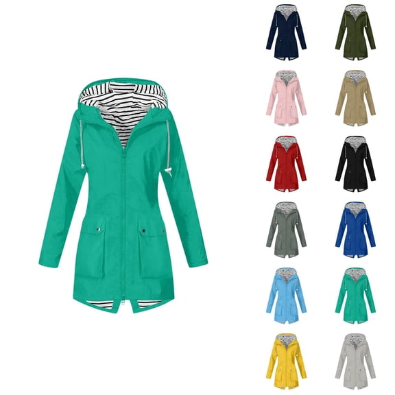 Women's Raincoats Lightweight Windproof Waterproof Long Sleeve Zipper Hooded Rain Coat with Pockets Rain Jacket Women