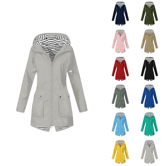 Women's Raincoats Lightweight Windproof Waterproof Long Sleeve Zipper Hooded Rain Coat with Pockets Rain Jacket Women