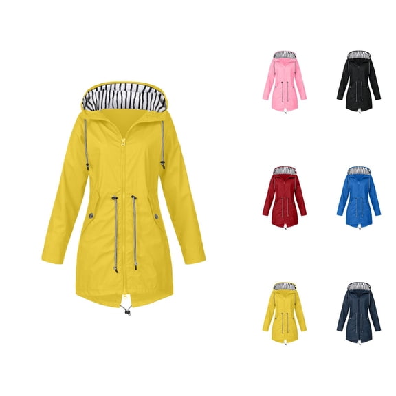 Women's Raincoats Outdoor Windproof Waterproof Long Sleeve Zipper Hooded Rain Coat with Pockets Rain Jacket Women