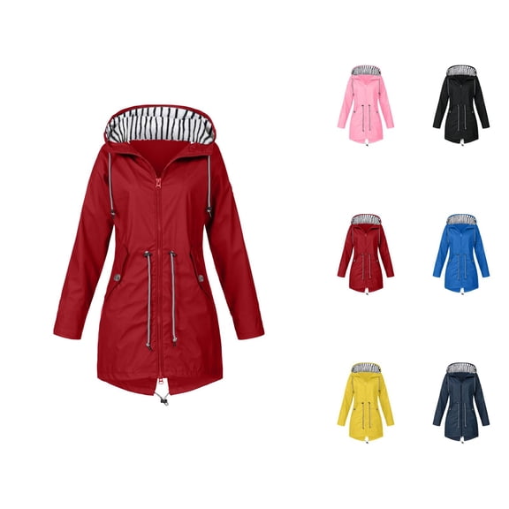 Women's Raincoats Outdoor Windproof Waterproof Long Sleeve Zipper Hooded Rain Coat with Pockets Rain Jacket Women