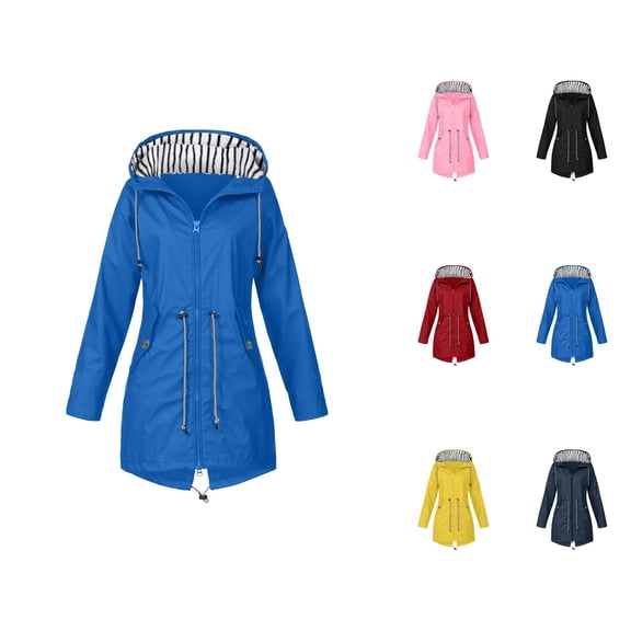 Women's Raincoats Outdoor Windproof Waterproof Long Sleeve Zipper Hooded Rain Coat with Pockets Rain Jacket Women