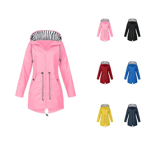 Women's Raincoats Outdoor Windproof Waterproof Long Sleeve Zipper Hooded Rain Coat with Pockets Rain Jacket Women