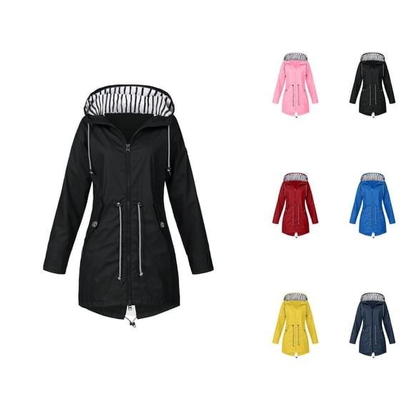 Women's Raincoats Outdoor Windproof Waterproof Long Sleeve Zipper Hooded Rain Coat with Pockets Rain Jacket Women