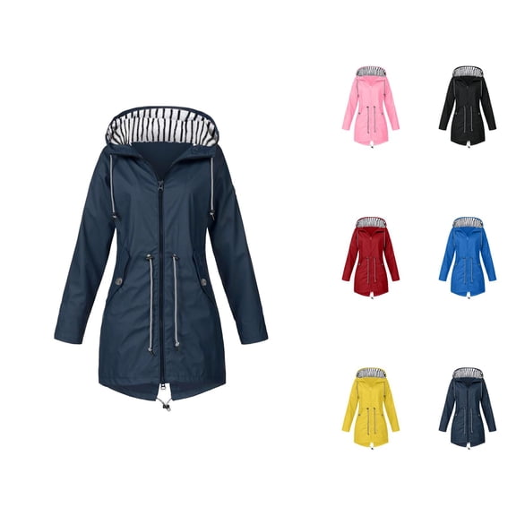 Women's Raincoats Outdoor Windproof Waterproof Long Sleeve Zipper Hooded Rain Coat with Pockets Rain Jacket Women