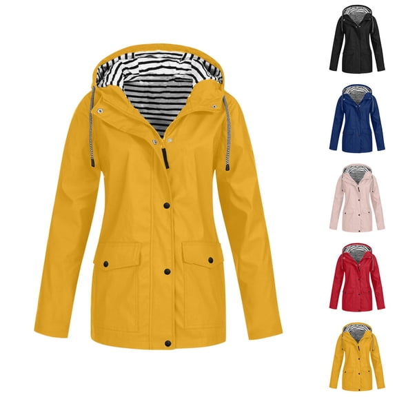 Women's Raincoats Waterproof Windproof Long Sleeve Zipper Button Hooded Rain Coat with Pockets Rain Jacket Women