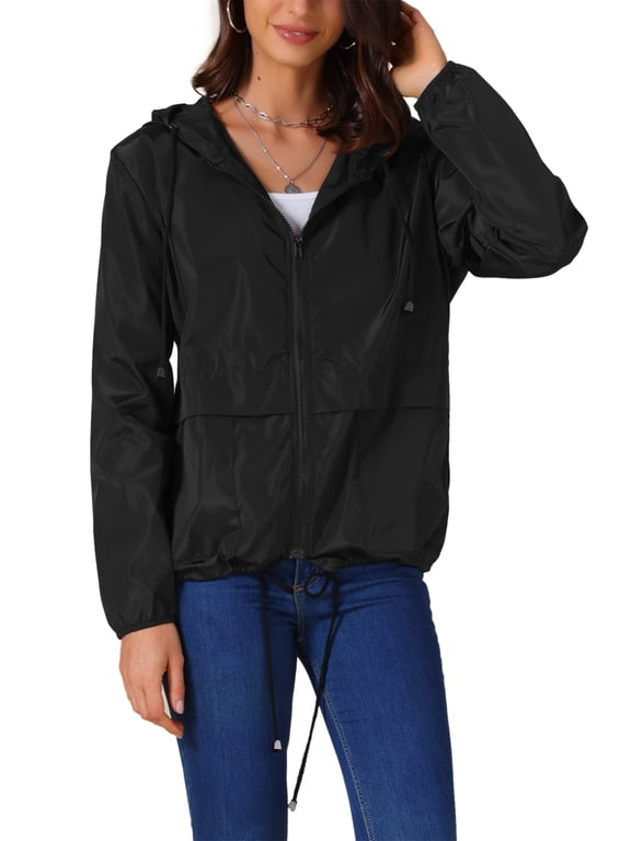 Women's Raincoats Waterproof with Hood Lightweight Rain Jackets Windbreaker Trench Coat with Pockets for Outdoor L Black