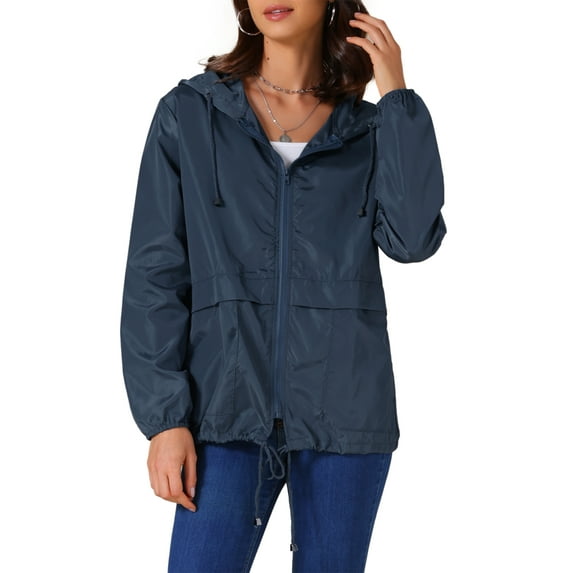 INSPIRE CHIC Women's Raincoats Waterproof with Hood Lightweight Rain Jackets Windbreaker Trench Coat with Pockets for Outdoor XL Navy Blue