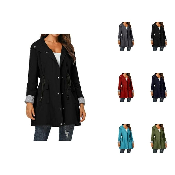 Women's Raincoats Windbreaker Waterproof Long Sleeve Zipper Button Hooded Rain Coat with Pockets Rain Jacket Women