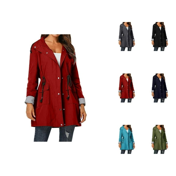 Women's Raincoats Windbreaker Waterproof Long Sleeve Zipper Button Hooded Rain Coat with Pockets Rain Jacket Women