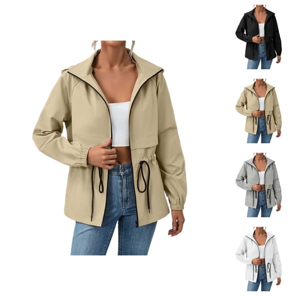 Women's Raincoats Windbreaker Waterproof Long Sleeve Zipper Drawstring Hooded Rain Coat with Pockets Rain Jacket Women