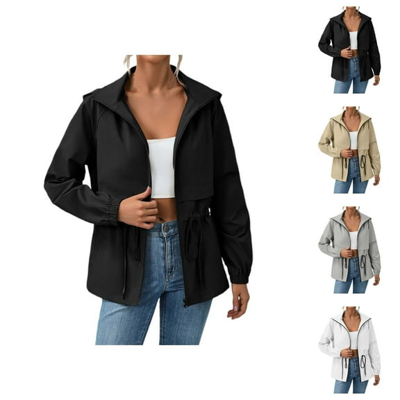 Women's Raincoats Windbreaker Waterproof Long Sleeve Zipper Drawstring Hooded Rain Coat with Pockets Rain Jacket Women