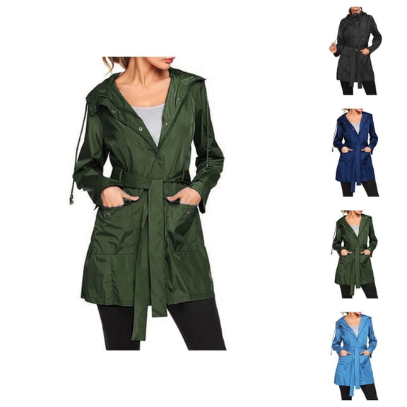 Women's Raincoats Windproof Waterproof Long Sleeve Zipper Button Hooded Rain Coat with Pockets Rain Jacket Women