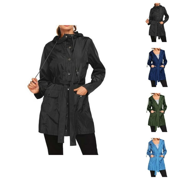 Women's Raincoats Windproof Waterproof Long Sleeve Zipper Button Hooded Rain Coat with Pockets Rain Jacket Women