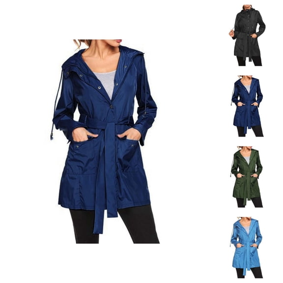 Women's Raincoats Windproof Waterproof Long Sleeve Zipper Button Hooded Rain Coat with Pockets Rain Jacket Women