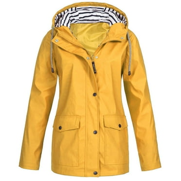 Women's Raincoats Women Solid Rain Jacket Outdoor Plus Size Hooded Raincoat Windproof Yellow 3XL Fall Savings Clearance
