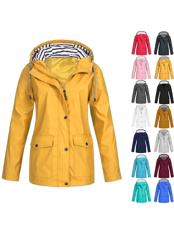 Women's Raincoats Women Solid Rain Jacket Outdoor Plus Size Hooded Raincoat Windproof Yellow 3XL Fall