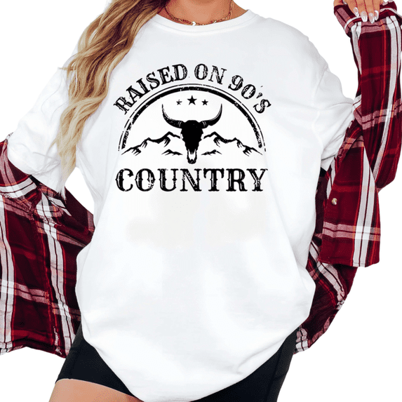 Women's Raised On 90's Country Retro Bull Skull Western Graphic Casual Tee Short Sleeve Round Neck Top White S-5XL