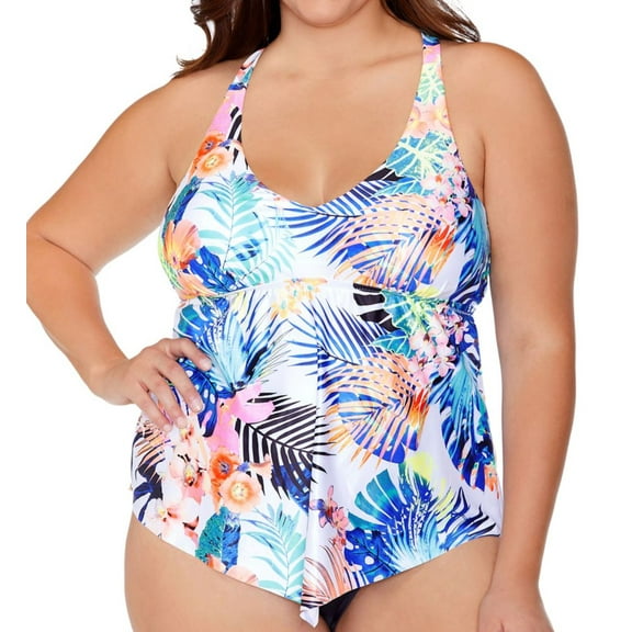 Women's Raisins Curve G840521 Plus Size Haleiwa Trinidad Tankini Swim Top (Whitehaven 14W)