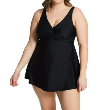 Women's Raisins Curve J840085 Plus Atlantic Solids Lucia Plunge 1 Pc Swim Dress (Black 14W)