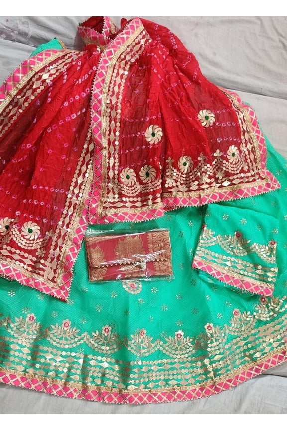 Women’s Rajasthani Kota Doria Lehenga Choli Set with Gota Patti Work, Art Silk Dupatta and Unstitched Blouse (Red Blue)