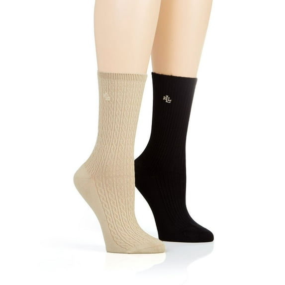 Women's Ralph Lauren 33415 Cable Knit Supersoft Trouser Sock - 2 Pair Pack (Khaki/black O/S)