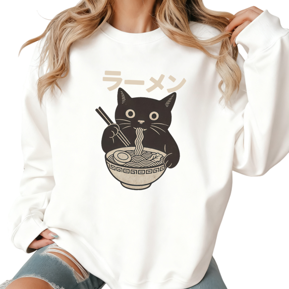 Women's Ramen Cat Japanese Graphic Sweatshirt Top Casual Comfortable Round-neck long-sleeved white S-3XL