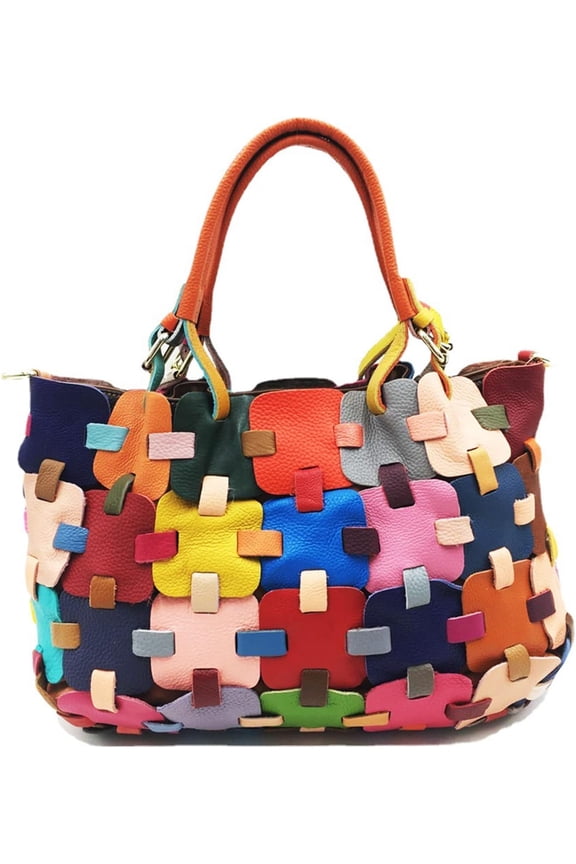 Women's Random Colorful Splicing Genuine Leather Handbag Designer Hand Woven Satchel Multicolor Shoulder Totes Crossbody Bag