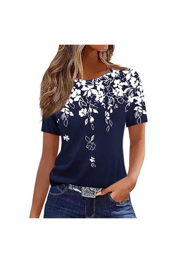 Women's Random Print T-Shirt Round Neck Short Sleeve Top, Casual Fashion Blouse for Everyday Wear