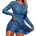 thumbnail image 1 of Women's Rash Guard One Piece Swimsuit Front Zip Long Sleeve Crew Neck Bathing Suit Stretchy Print Athletic Swimwear (L, Blue), 1 of 5