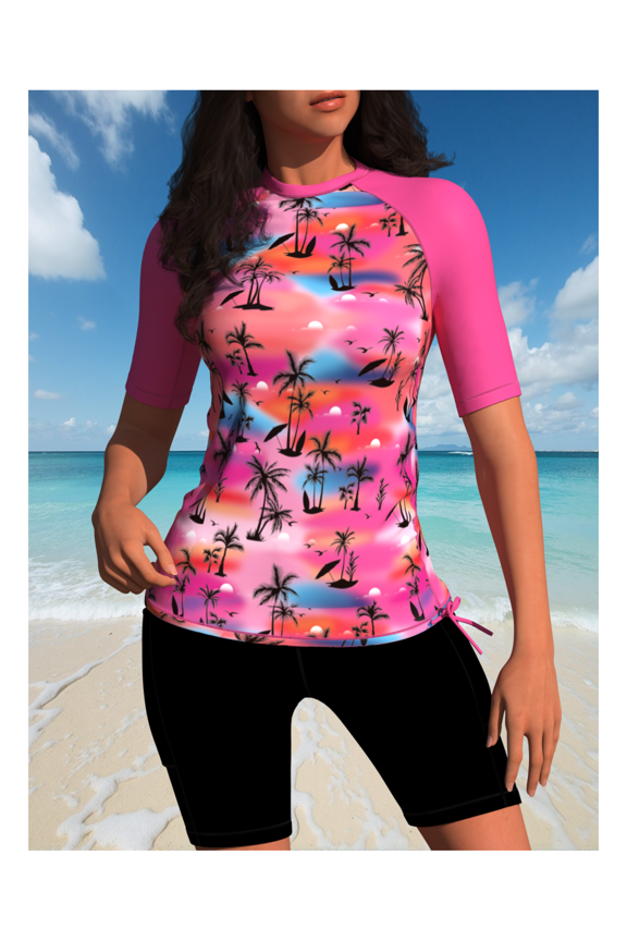 Women's Rash Guard Pink Palm Print - Long Sleeve Surf Shirt Quick Dry Swim Top UPF 50+ Sun Protection for Water Sports Snorkeling