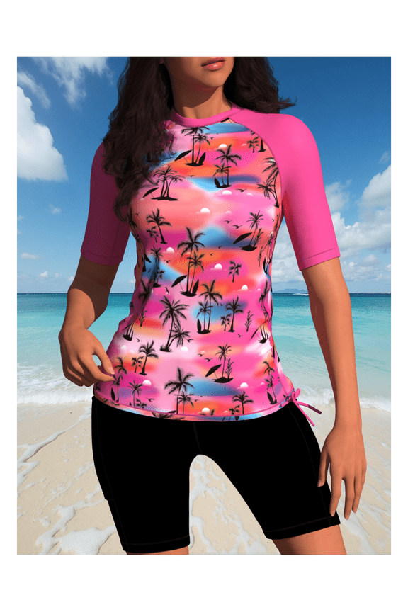 Women's Rash Guard Pink Palm Print - UPF 50+ Quick-Dry Surf Shirt; Contrast Sleeves; Long Sleeve Swim Top for Water Sports; Tropical Beach Wear