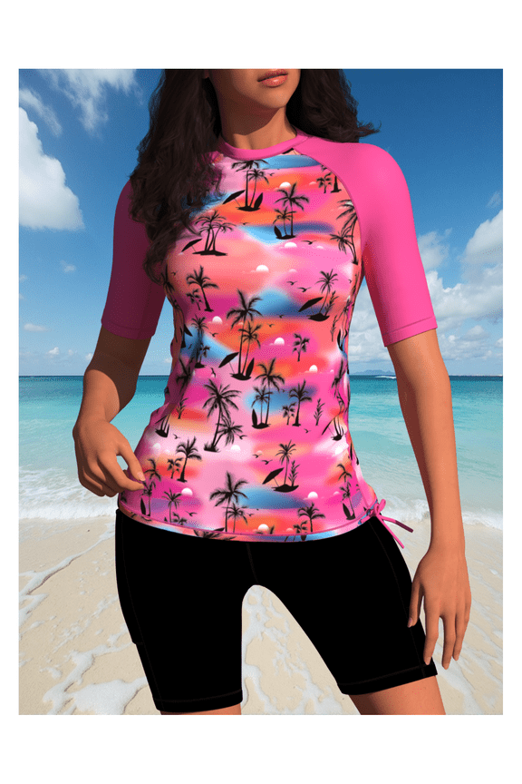 Women's Rash Guard Pink Palm Print - UPF 50+ Sun Protection Surf Shirt; Quick-Dry Long Sleeve Swim Top for Water Sports; Tropical Contrast Sleeves