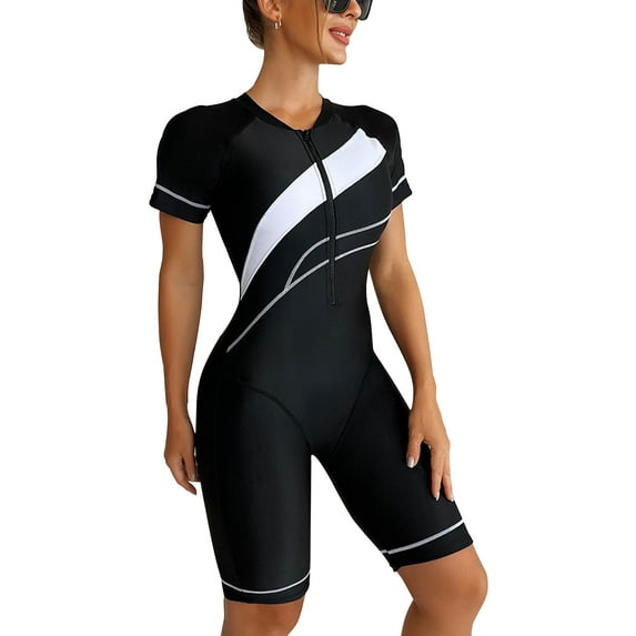 Women's Rash Guard Summer Beach Bodysuit Short Sleeve Zip Up Swimwear One Piece UV Protection Rashguard Knee High UPF 50+ Surfing Bathing Wear