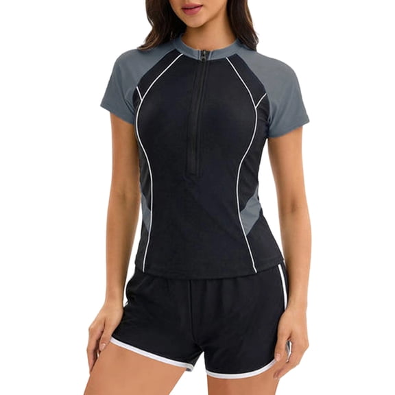 Womens Swimsuits Color Block Rash Guard Swimsuit for Women Two Piece Half Zip Short Sleeve Bathing Suit with Swim Shorts Tankini Grey M