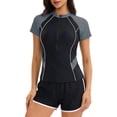 thumbnail image 1 of Women's Rash Guard Swimsuit Two Piece Half Zip Short Sleeve Color Block Bathing Suit with Swim Shorts Tankini Swimwear Grey S, 1 of 5