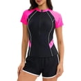 thumbnail image 1 of Women's Rash Guard Swimsuit Two Piece Half Zip Short Sleeve Color Block Bathing Suit with Swim Shorts Tankini Swimwear Pink M, 1 of 5