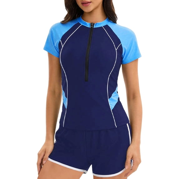 Women's Rash Guard Swimsuit Two Piece Half Zip Short Sleeve Color Block Bathing Suit with Swim Shorts Tankini Swimwear Sky Blue XL