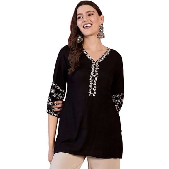 Women's Rayon Embroidered Straight Short Kurti