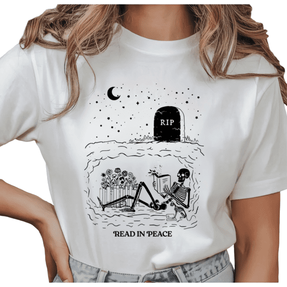 Women's Read In Peace Skeleton T Shirt Funny Book Lover Print Spooky Literary Casual Short Sleeve Round Neck Top White S-5XL