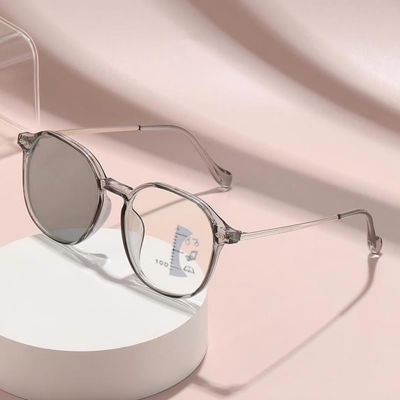 Women's Reading Glasses Square Round Shape Large Frame PC Metal Photochromic Multifocus Blue Light Blocking Readers for Women Magnification 2.0x,Grey(Color changing & multifocal)