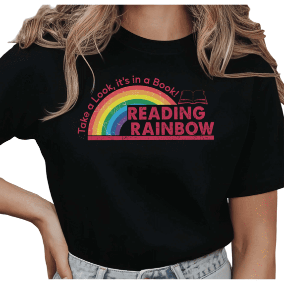 Women's Reading Rainbow Retro Rainbow Graphic T Shirt Nostalgic Book Quote Print Casual Short Sleeve Round Neck Top Black S-5XL