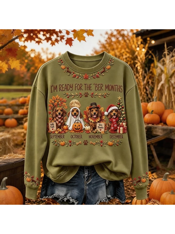 Women's I'm Ready for the BER Months Graphic Crewneck Sweatshirt, Cute Ghost Turkey Pumpkin Christmas Tree Print Fall Winter Holiday Pullover Top Army Green L