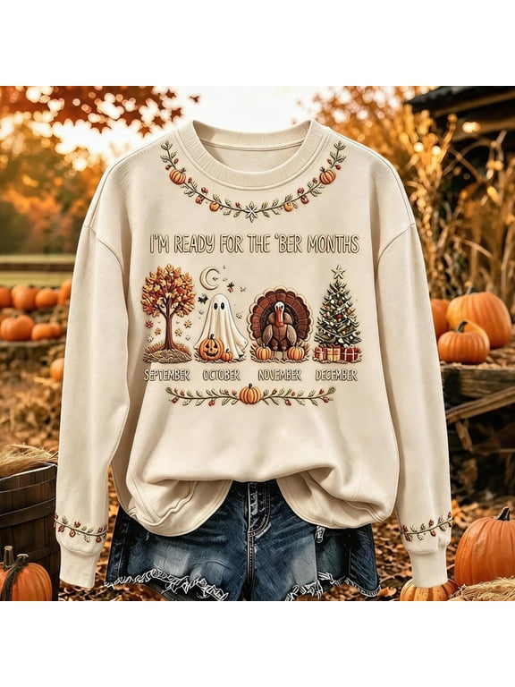 Women's I'm Ready for the BER Months Graphic Crewneck Sweatshirt, Cute Ghost Turkey Pumpkin Christmas Tree Print Fall Winter Holiday Pullover Top Beige XXL