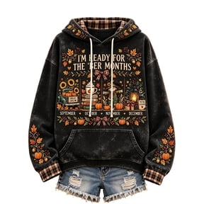 Women's I'm Ready for The Ber Months Hooded Sweatshirt Vintage Fall Pumpkin Maple Leaf Print Pullover Halloween Thanksgiving Christmas Plaid Casual Top with Kangaroo Pocket,M