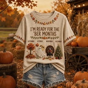Women's I'm Ready for The Ber Months Short Sleeve Crewneck T-Shirt Vintage Fall Ghost Turkey Pumpkin Graphic Tee Halloween Thanksgiving Christmas Casual Holiday Top,2XL