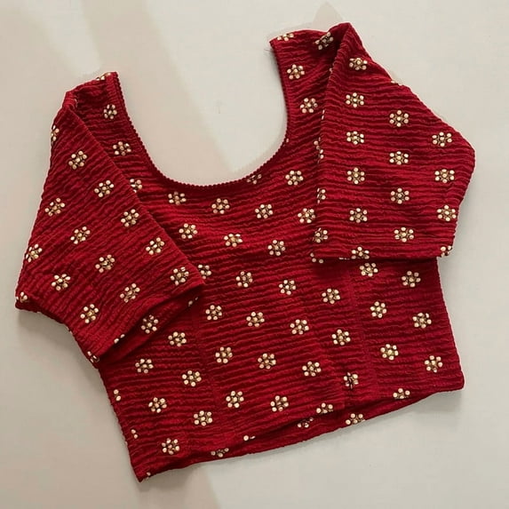 Women's Ready-to-Wear Crushed Fabric Crop Top – Foil Work, Round Neck with Pom Pom Lace, Stretchable Free Size (Fits 40"–44"), Elbow Sleeves